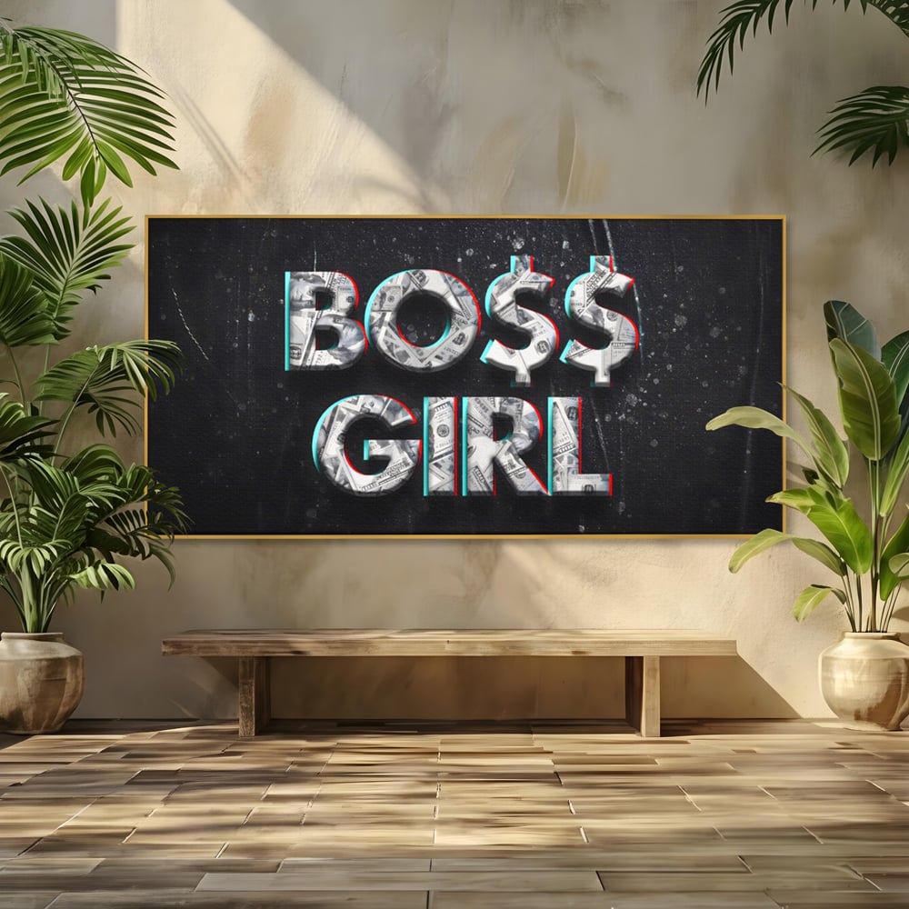 Tablou canvas cu tablou canvas motivant boss girl, in rama de aluminiu auriu